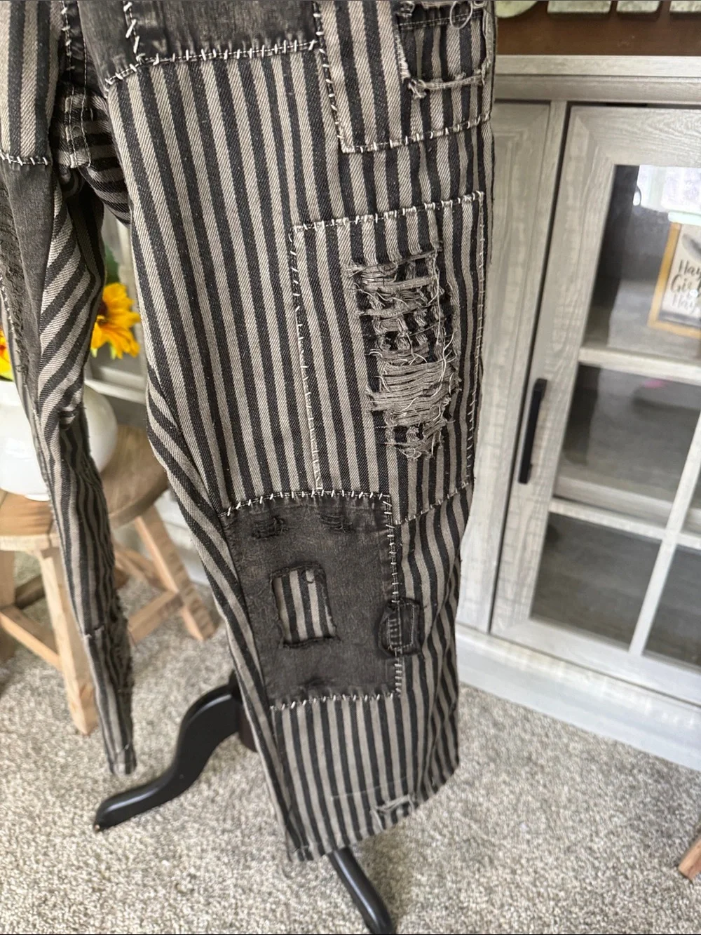 NWT Blue Velvet Striped Patchwork Pants in Black and Gray - Picture 4 of 14
